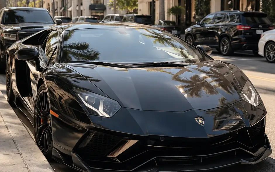 A black Lamborghini Aventador parked on a sunny high street lined with palm trees.