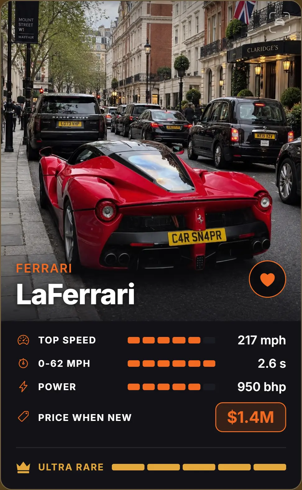 The finished card: LaFerrari, with its figures and an Ultra Rare tier.