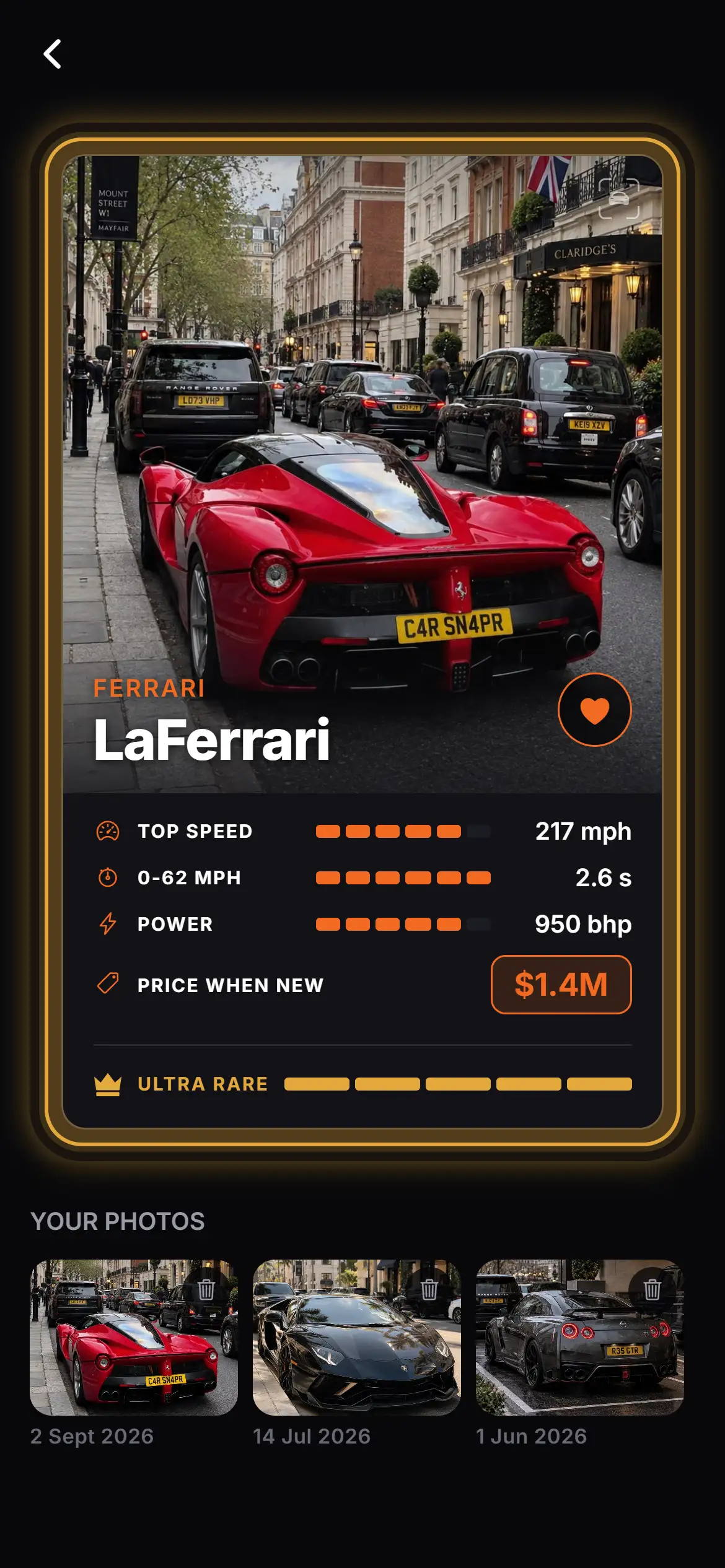 A card up close: the owner's photo of a LaFerrari with its top speed, acceleration, power, price and an Ultra Rare tier, above more photos of the same car.